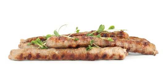 Tasty grilled sausages with microgreens isolated on white