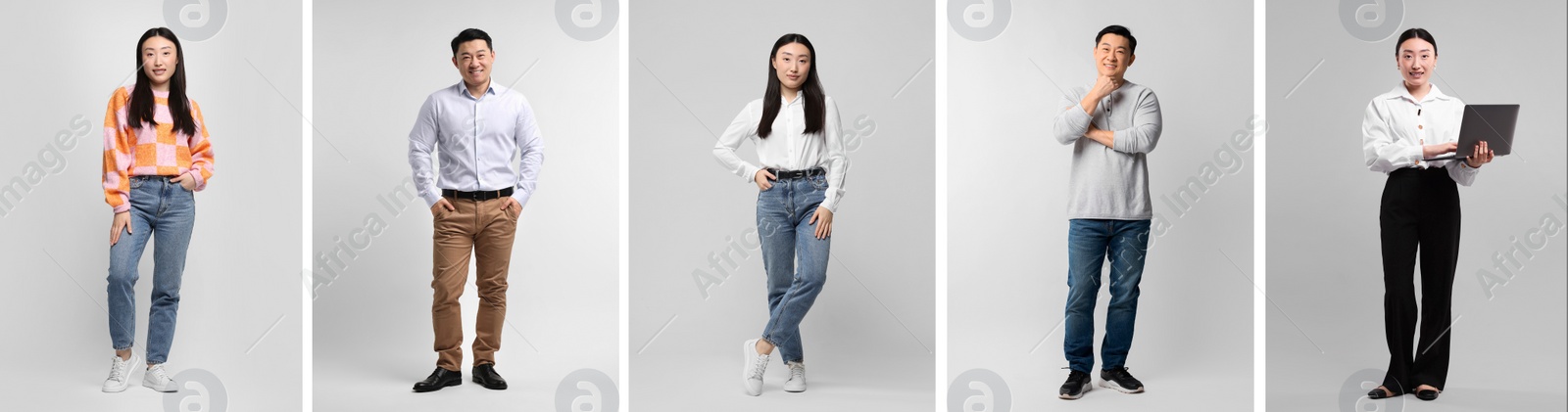 Image of Full length portraits of Asian woman and man on grey background, set with photos