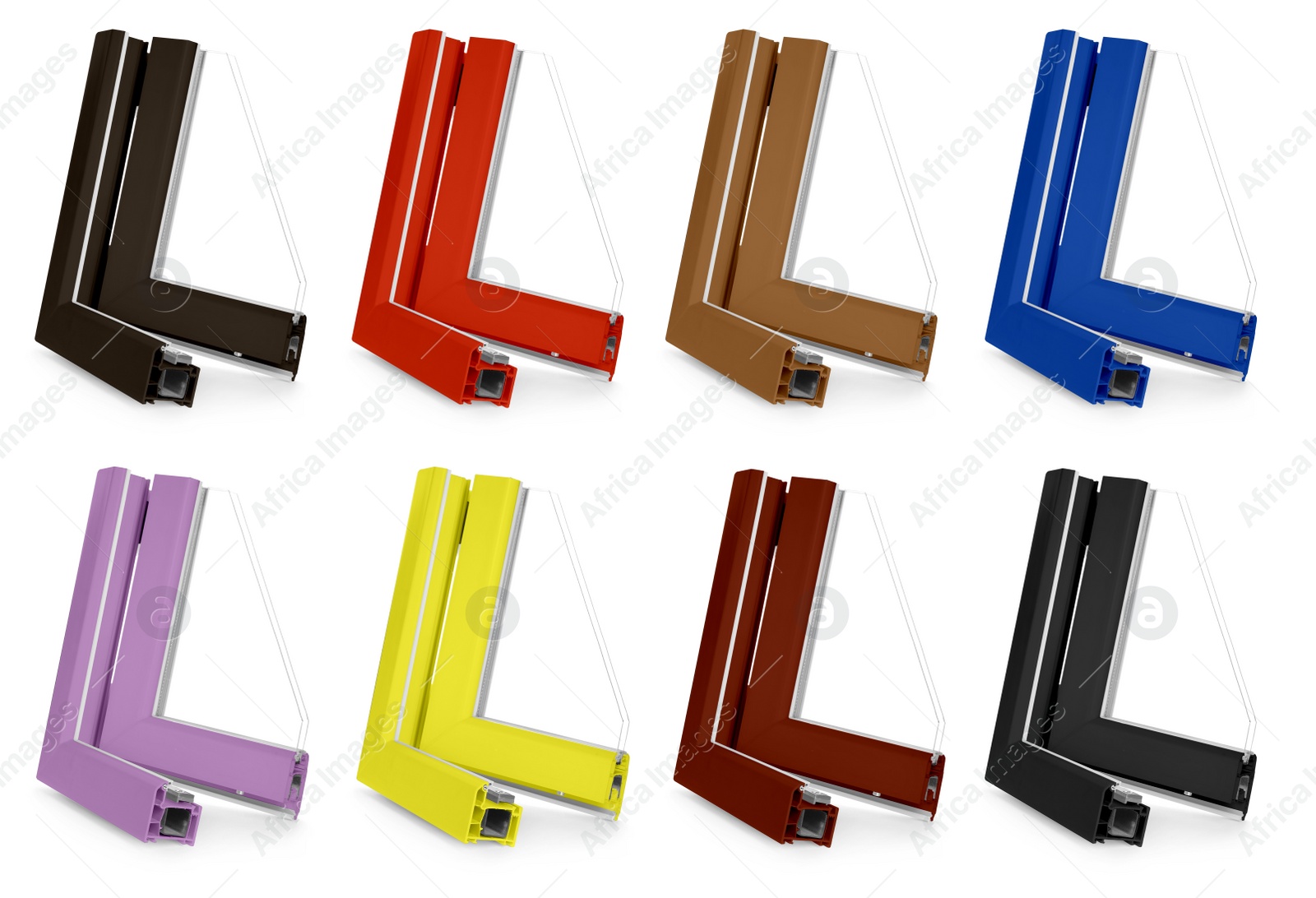 Image of Set with samples of modern window profile in different colors on white background