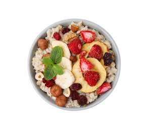 Photo of Oatmeal with freeze dried fruits, nuts and mint isolated on white, top view
