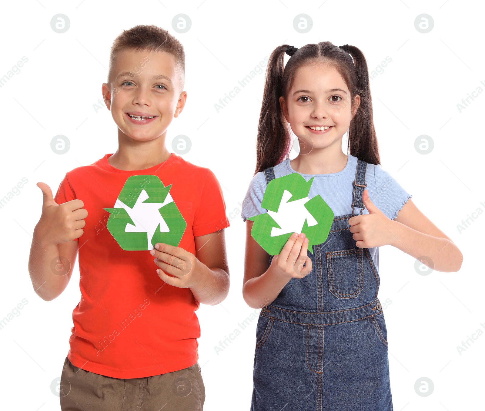 Photo of Children with recycling symbols on white background