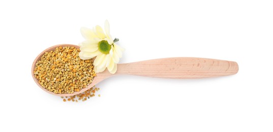 Photo of Spoon with fresh bee pollen granules and flower isolated on white, top view