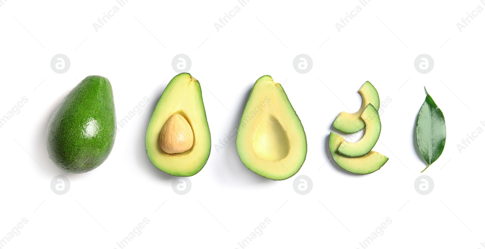 Photo of Composition with ripe fresh avocados on white background