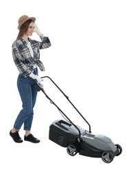 Photo of Young woman with modern lawn mower on white background