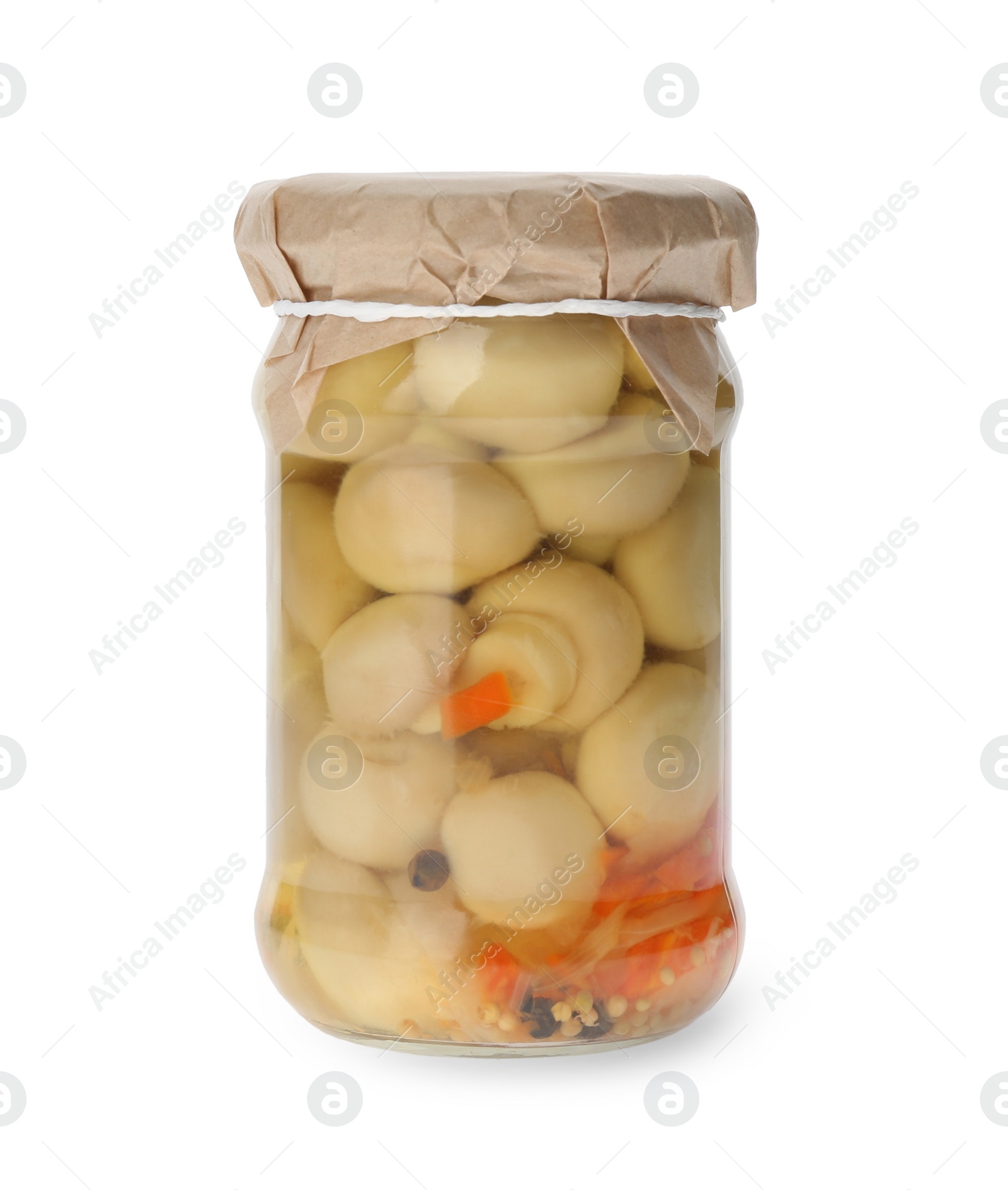 Photo of Jar of pickled mushrooms isolated on white