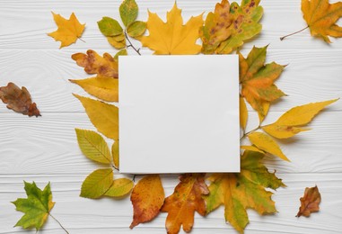 Autumn leaves and blank card on white wooden table, flat lay. Space for text