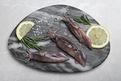 Photo of Fresh raw squids with lemon, rosemary and salt on light grey marble table, top view