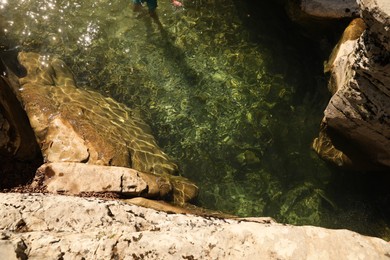 Beautiful clean pond and many rocks outdoors