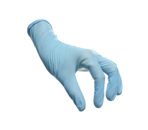 Image of One light blue medical glove isolated on white