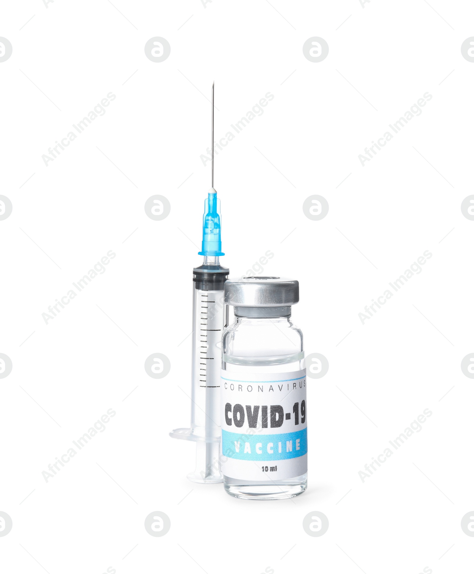 Photo of Vial with vaccine against coronavirus and syringe on white background