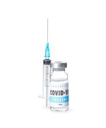 Photo of Vial with vaccine against coronavirus and syringe on white background