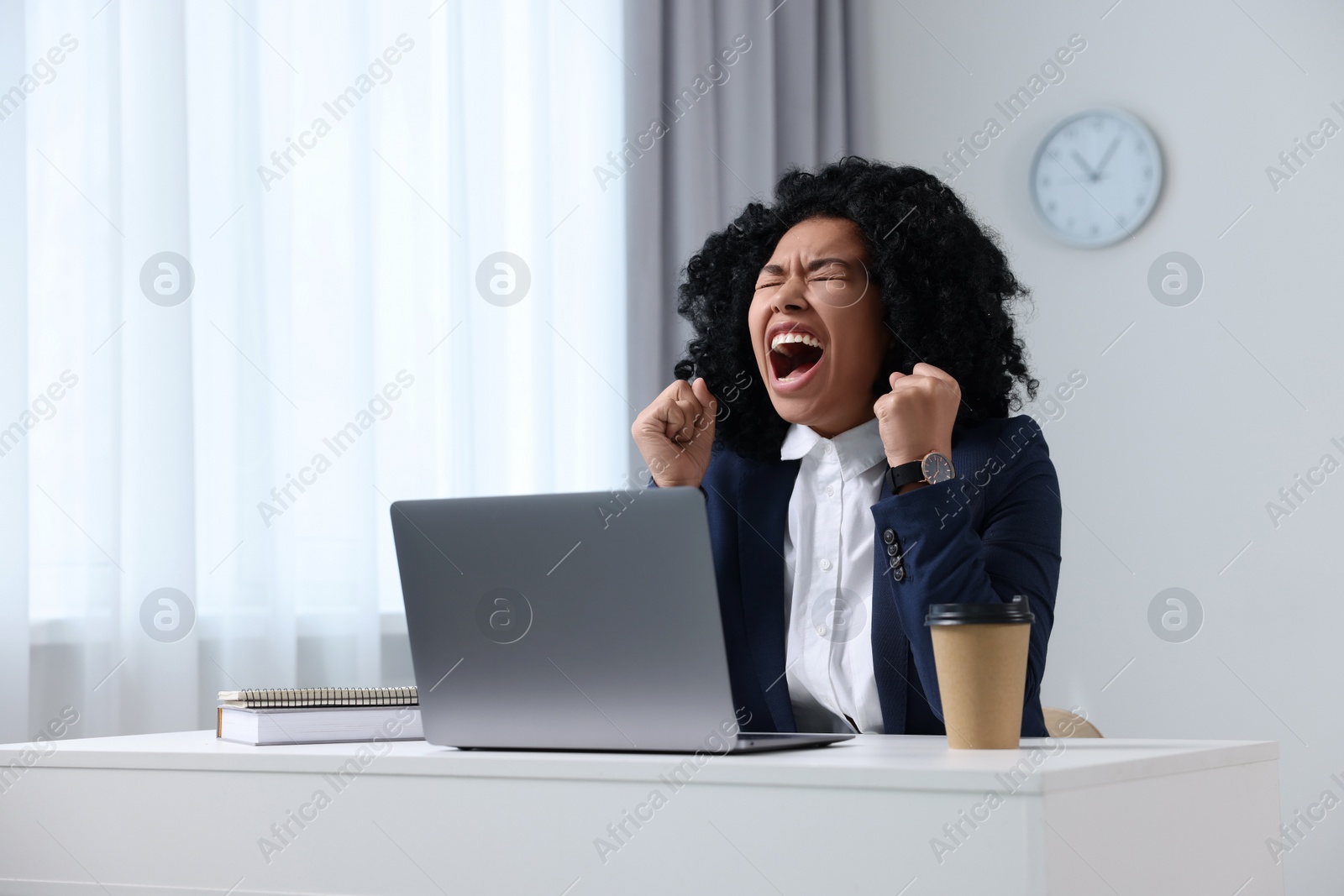 Photo of Deadline concept. Emotional woman shouting in office. Space for text