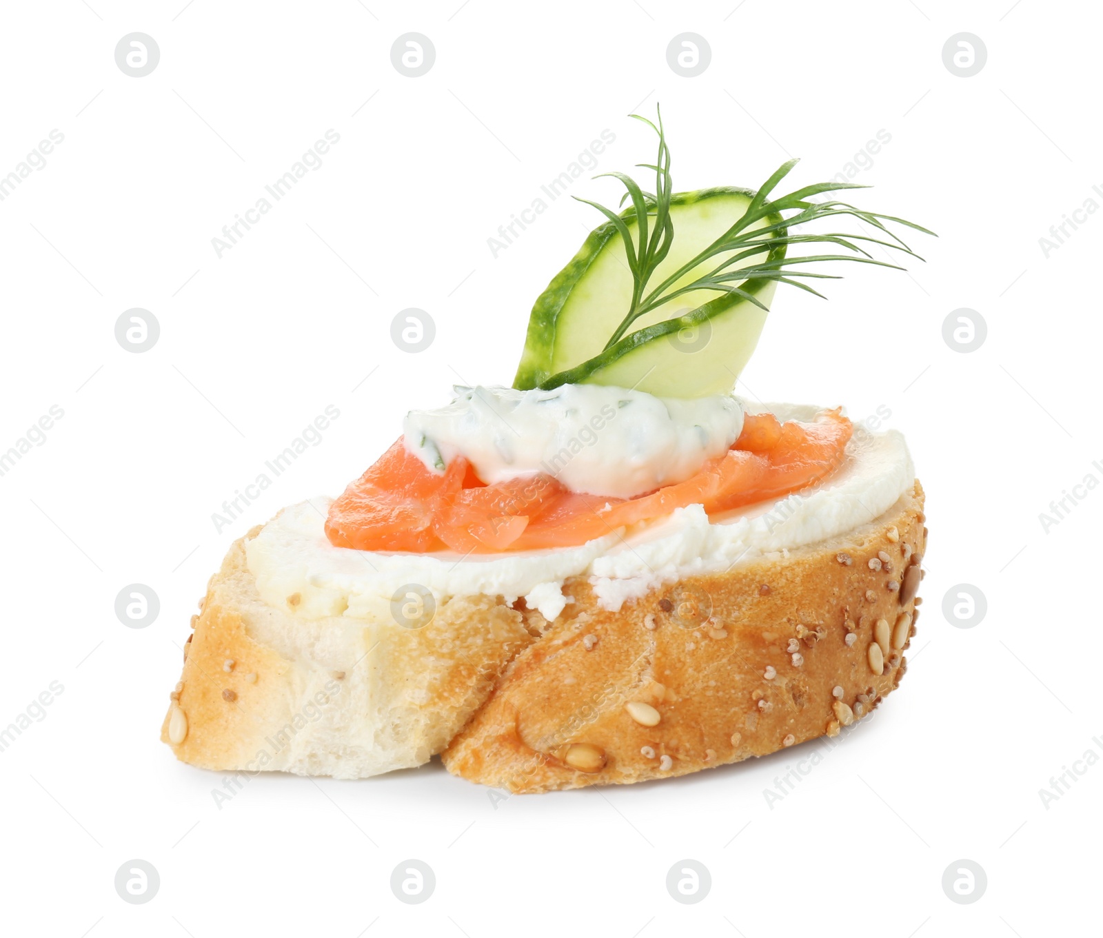 Photo of Tasty canape with salmon, cucumber, cream cheese and dill isolated on white