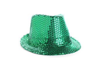 Photo of Green leprechaun hat isolated on white. St. Patrick's Day celebration