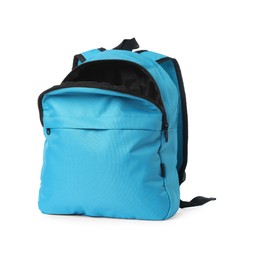 Photo of Stylish light blue backpack isolated on white