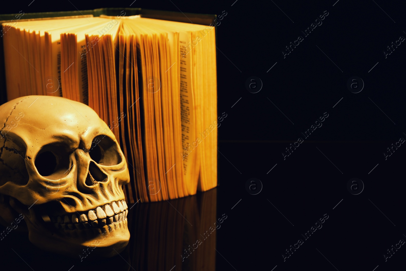 Photo of Human skull and old book on mirror table against black background. Space for text