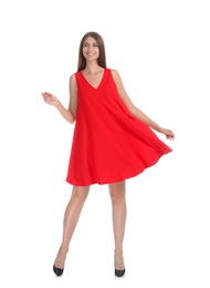 Photo of Young woman wearing stylish red dress on white background