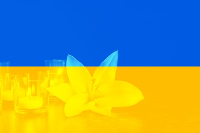 Image of Double exposure of Ukrainian national flag and lily with burning candles