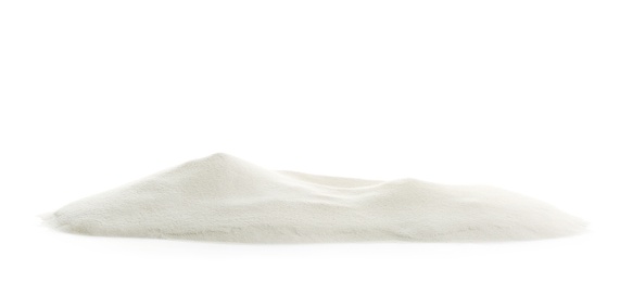 Photo of Heap of dry beach sand on white background