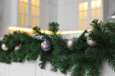 Beautiful Christmas decor in kitchen, closeup view