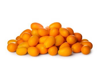 Photo of Fresh ripe kumquats on white background. Exotic fruit