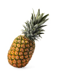 Photo of Tasty whole pineapple with leaves on white background