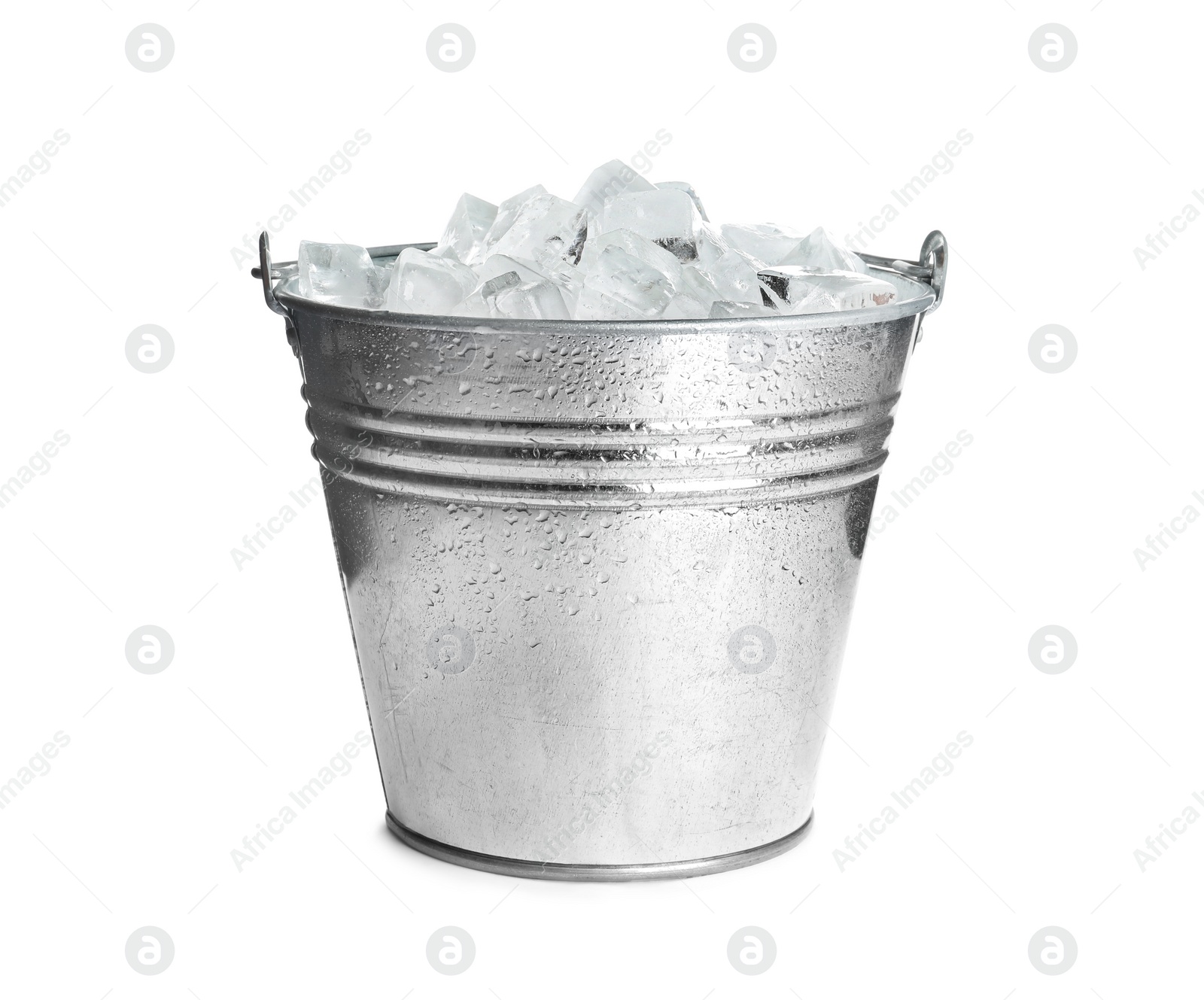 Photo of Metal bucket with ice cubes isolated on white