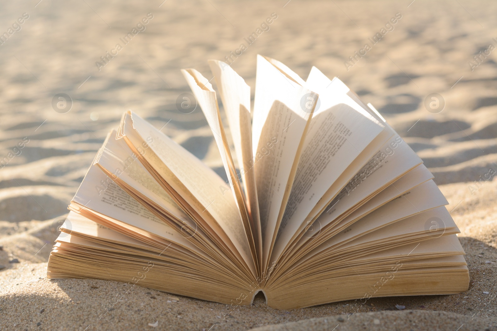 Photo of Open book on sandy beach, closeup view