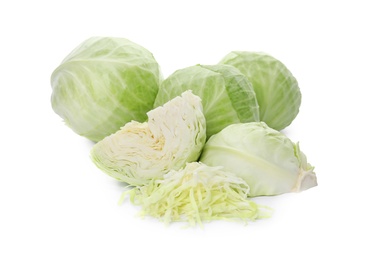 Photo of Whole and cut fresh ripe cabbages on white background