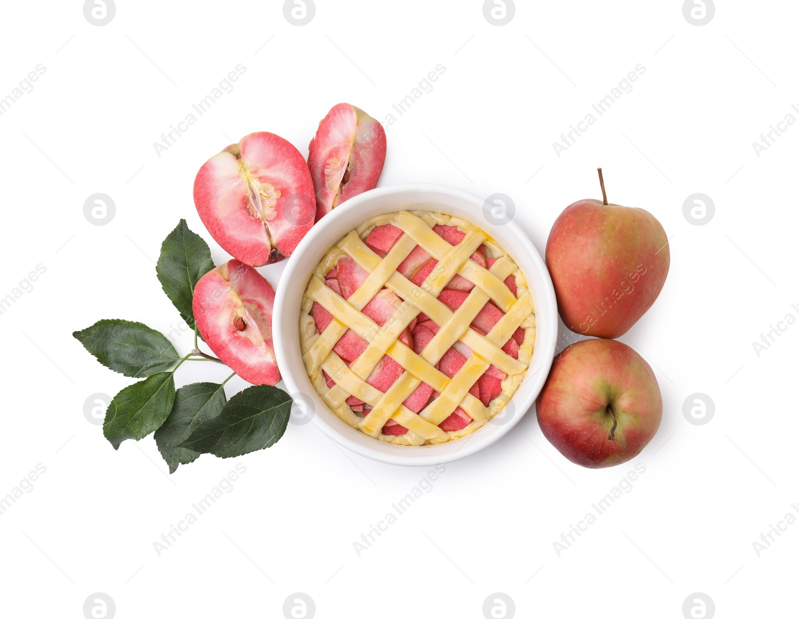 Photo of Raw apple pie, fruits and leaves isolated on white, top view