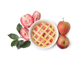Raw apple pie, fruits and leaves isolated on white, top view