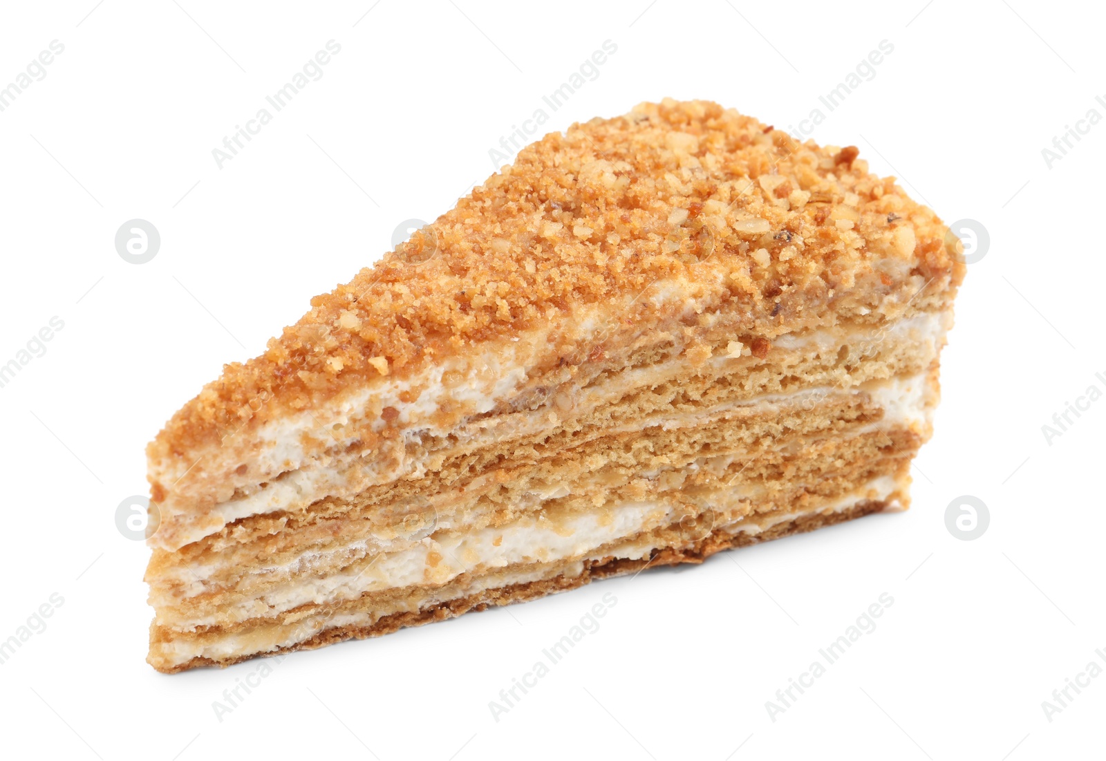 Photo of Slice of delicious honey cake isolated on white