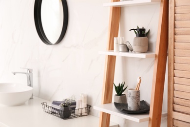 Plants and different toiletries on decorative ladder in bathroom. Interior design