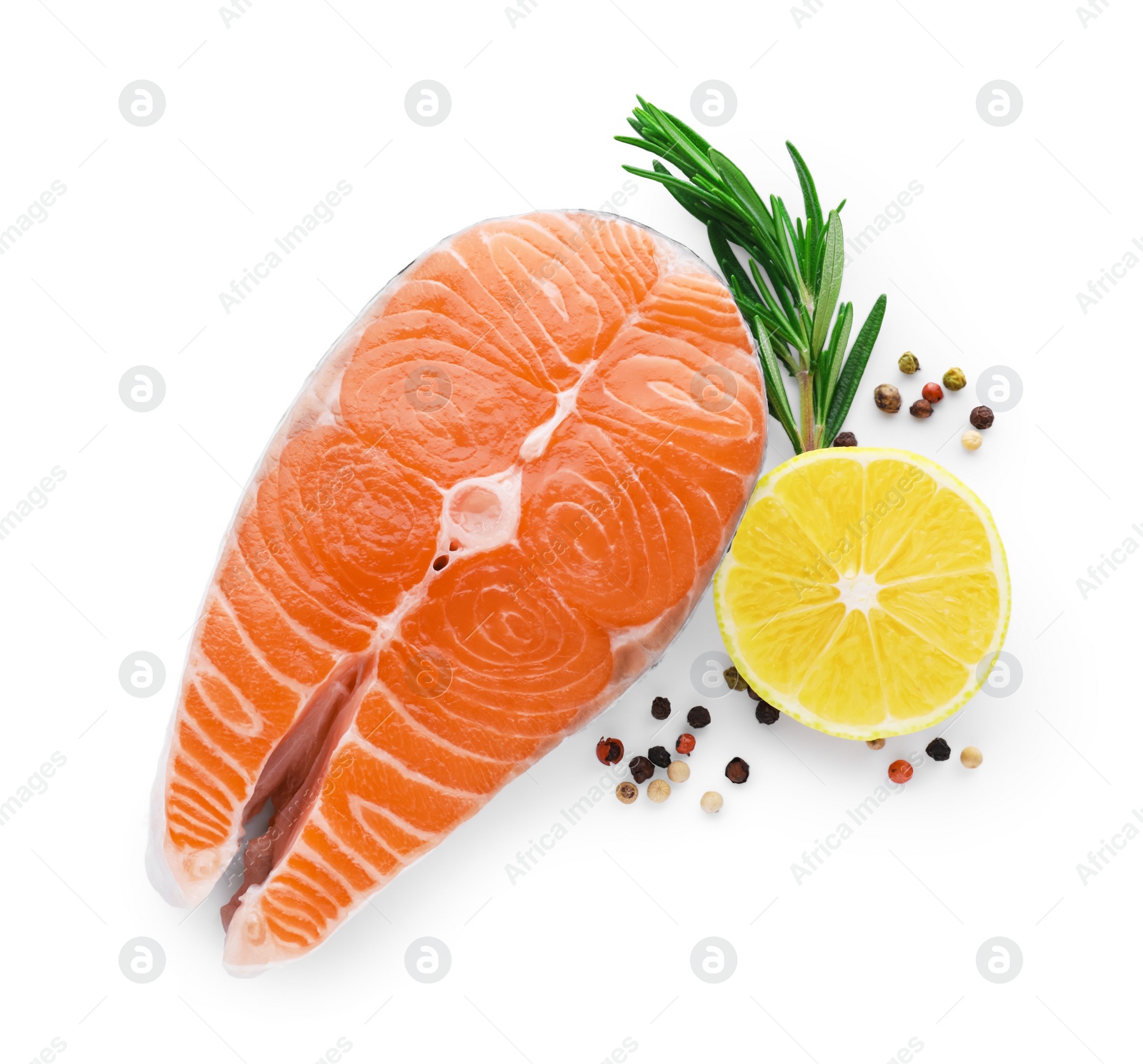 Photo of Fresh raw salmon steak with rosemary, peppercorns and lemon on white background, top view