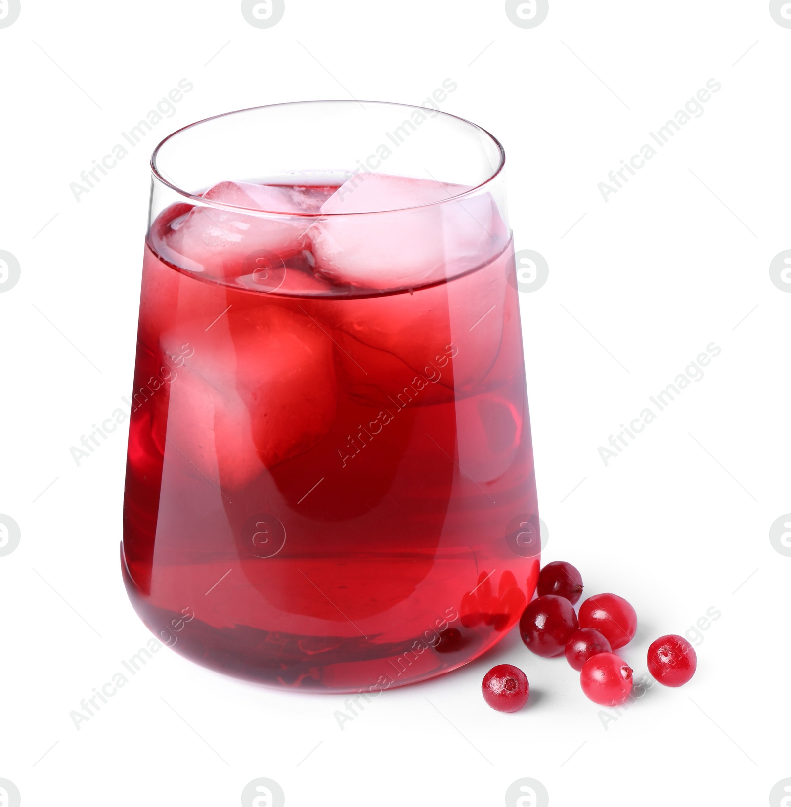 Photo of Tasty cranberry juice with ice cubes in glass and fresh berries isolated on white