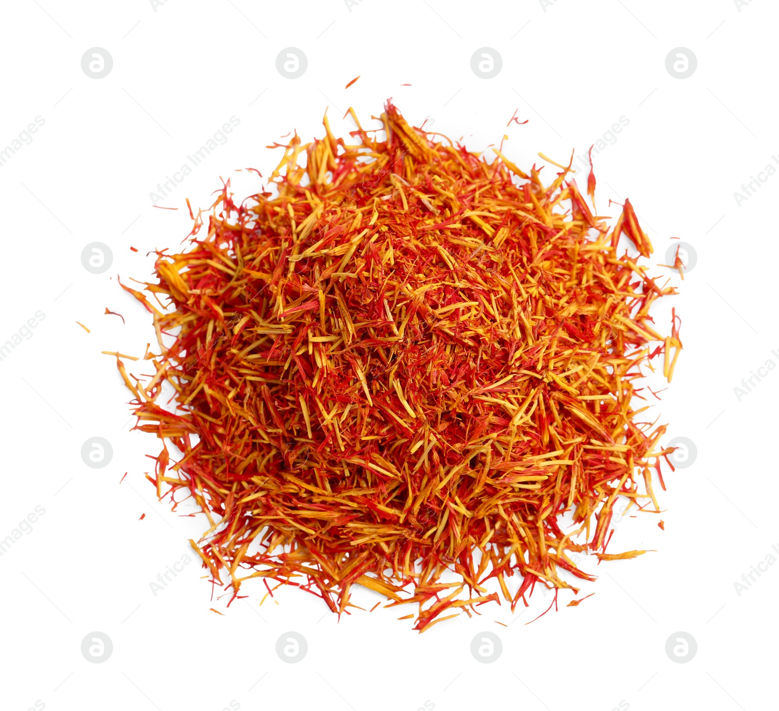 Photo of Pile of dried color saffron isolated on white, top view