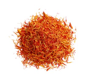 Photo of Pile of dried color saffron isolated on white, top view