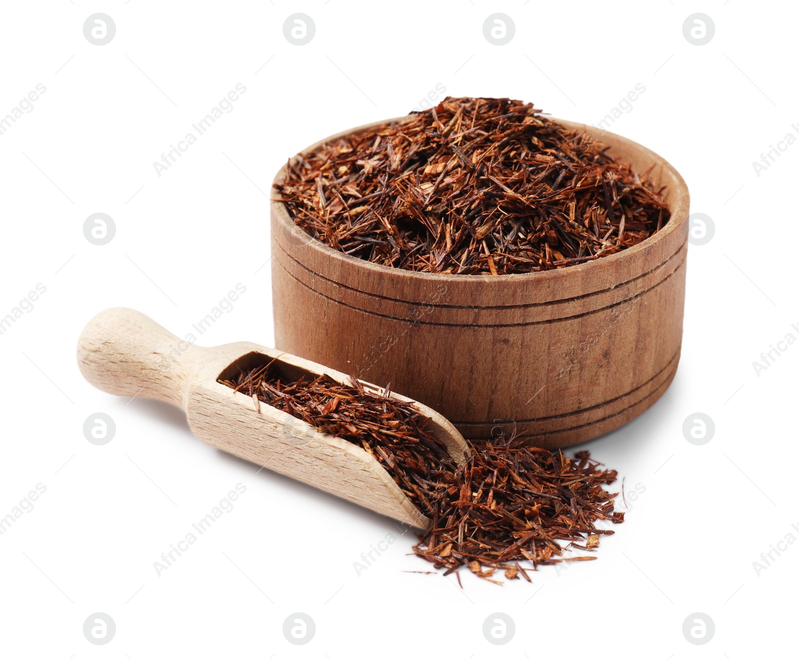 Photo of Rooibos tea in bowl and scoop isolated on white