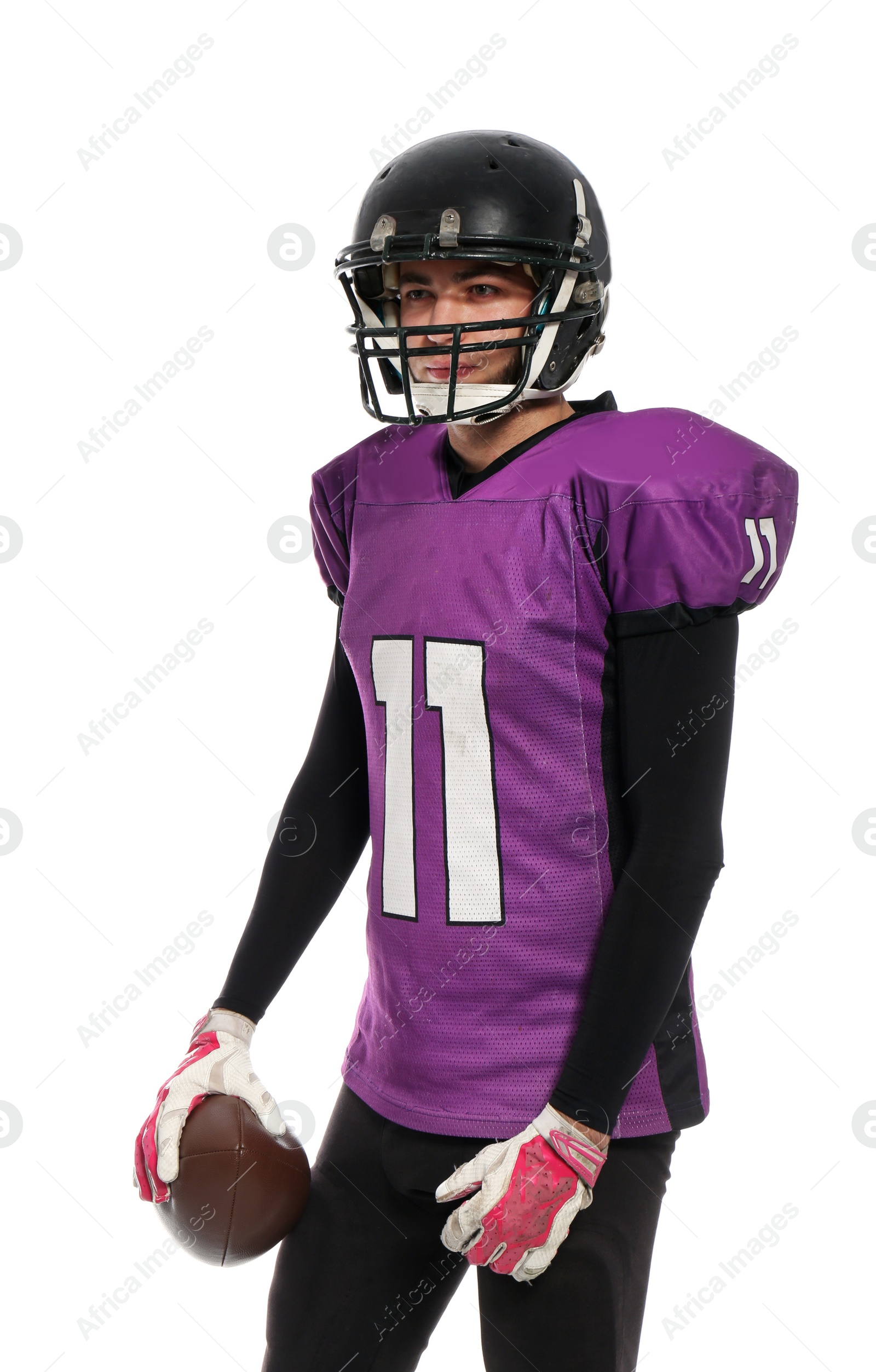 Photo of American football player with ball on white background