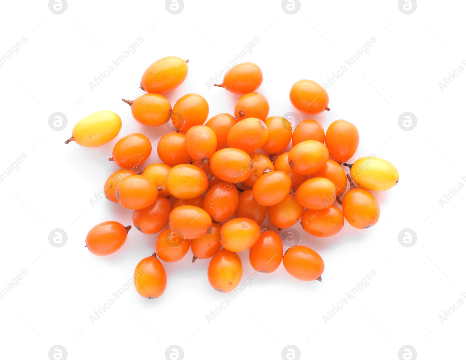 Photo of Fresh ripe sea buckthorn berries on white background, top view