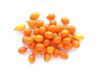 Photo of Fresh ripe sea buckthorn berries on white background, top view