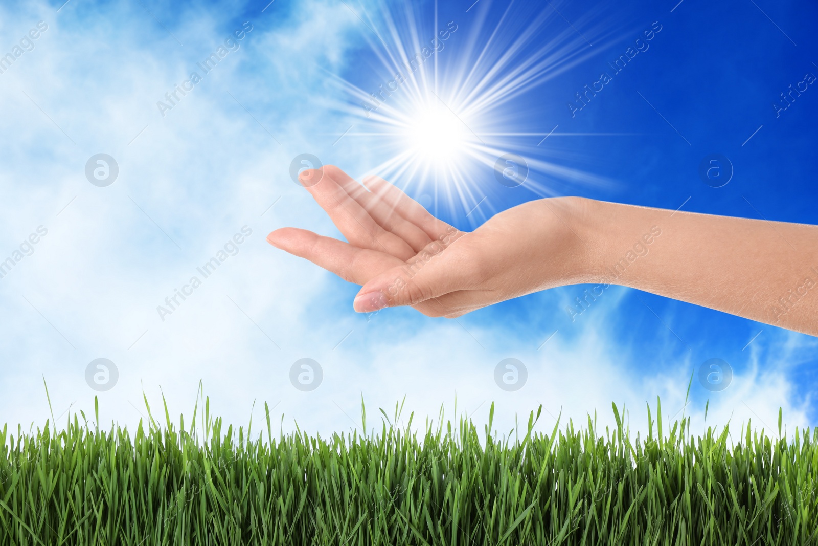 Image of Bright light in hand, closeup. Solar energy concept