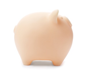 Photo of Cute piggy bank on white background. Money saving