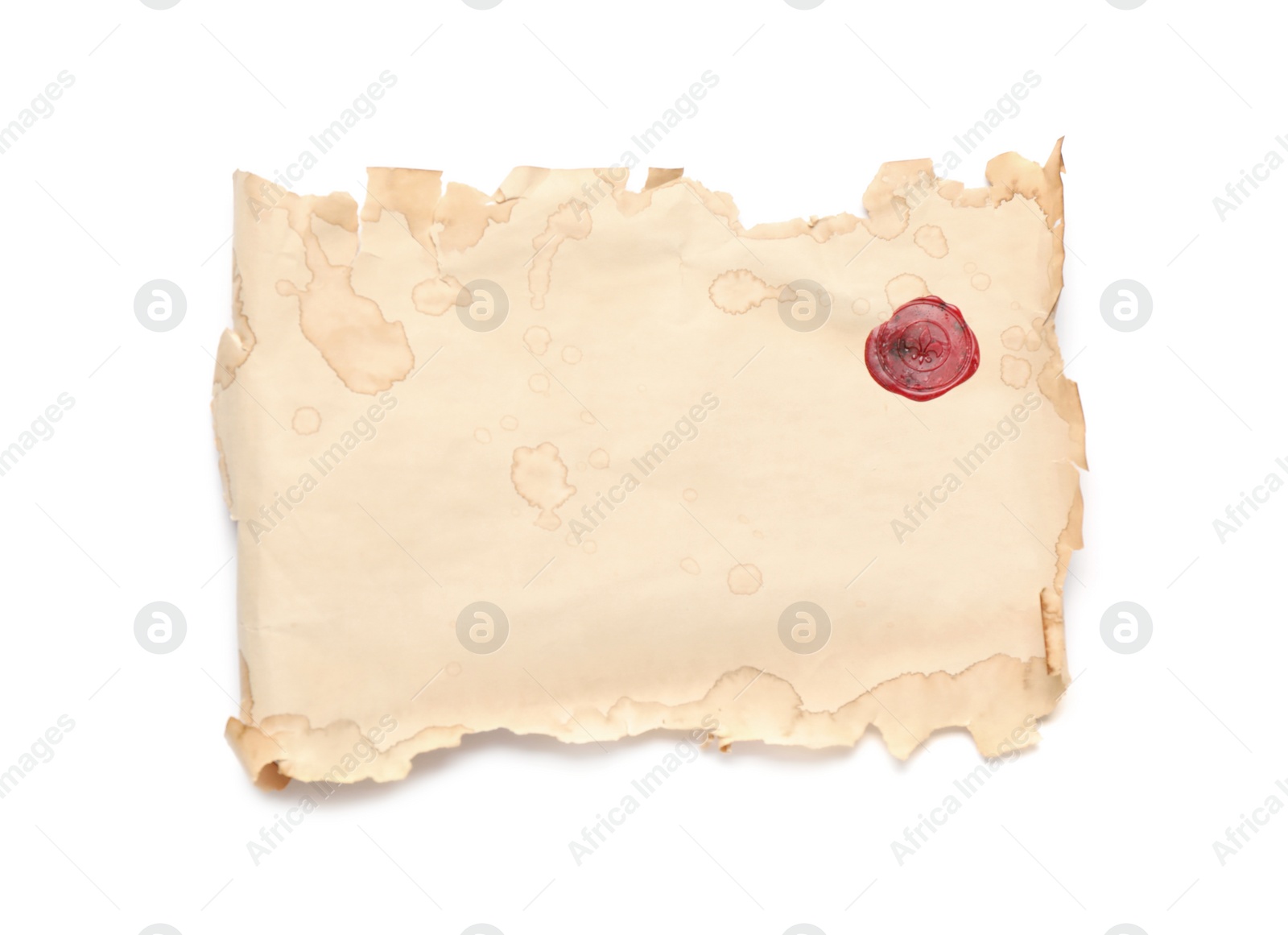 Photo of Sheet of old parchment paper with wax stamp isolated on white, top view. Space for design