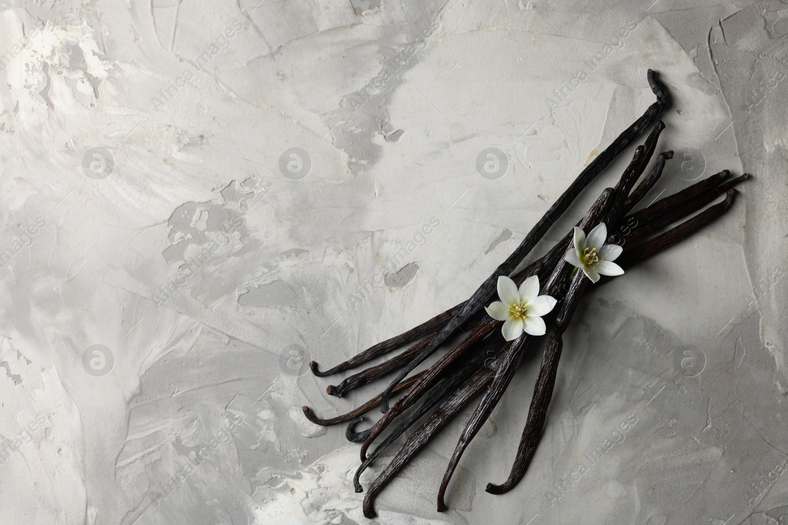 Photo of Vanilla pods and flowers on grey textured table, top view. Space for text