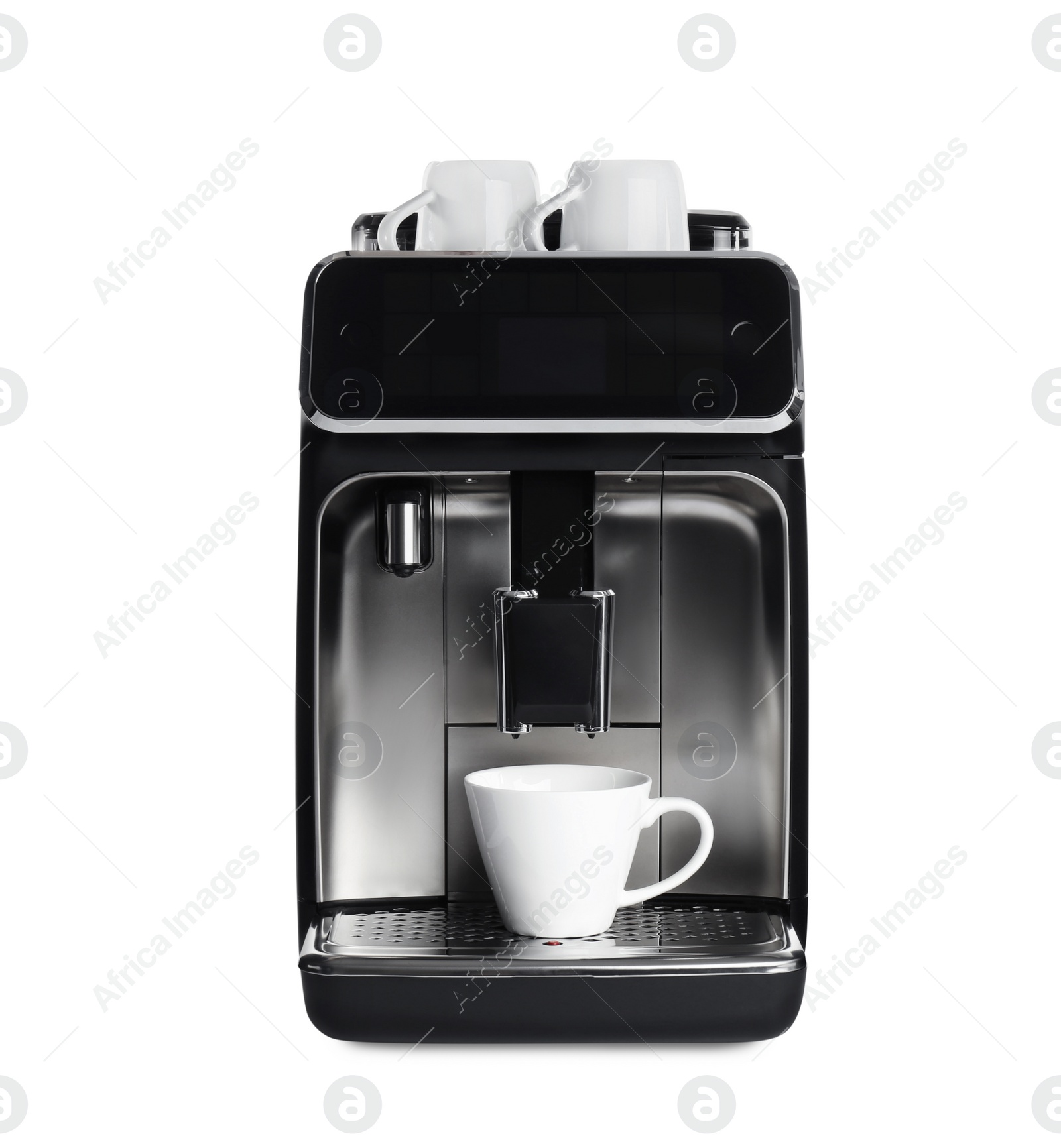 Photo of Modern electric coffee machine with cup isolated on white