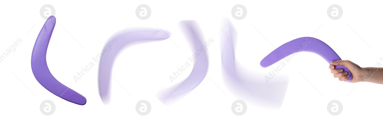 Image of Woman throwing purple boomerang on white background, closeup. Banner design