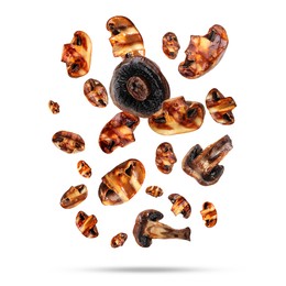 Image of Slices of grilled mushrooms in air on white background