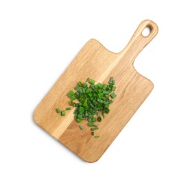 Photo of Wooden board with chopped green spring onion on white background, top view