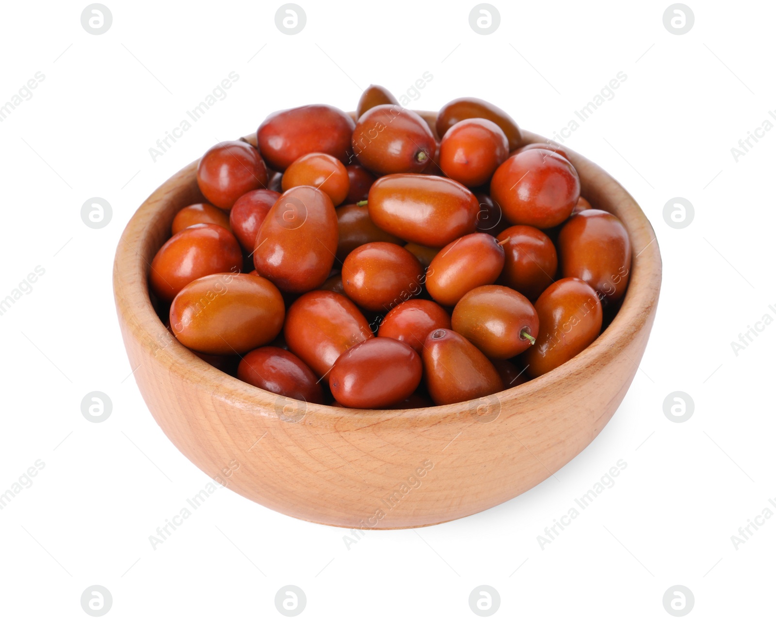 Photo of Ripe red dates in wooden bowl on white background